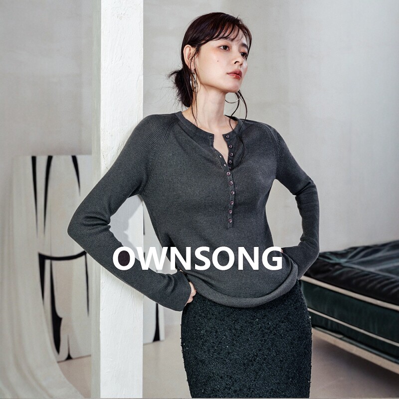OWNSONG刚需亨利领 绵羊毛长袖针织衫女春秋新款修身内搭圆领打底