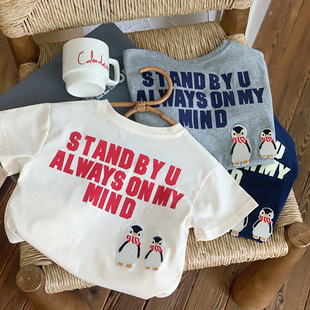 儿童短袖2026夏季新品男女童字母企鹅短袖T宝宝日系T恤衫潮