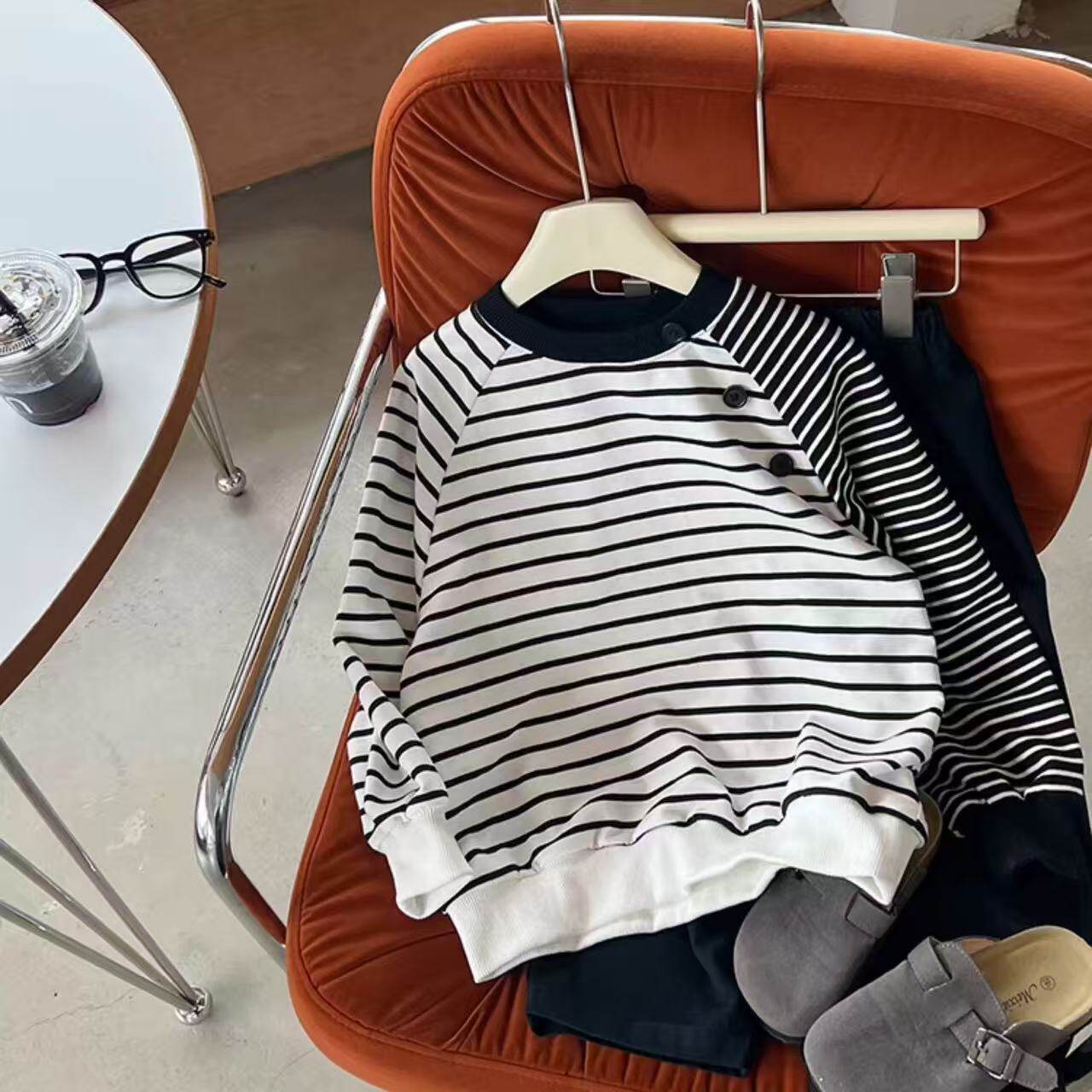 男童条纹卫衣春秋款2026春款童装儿童秋装拼色上衣圆领套头衫潮