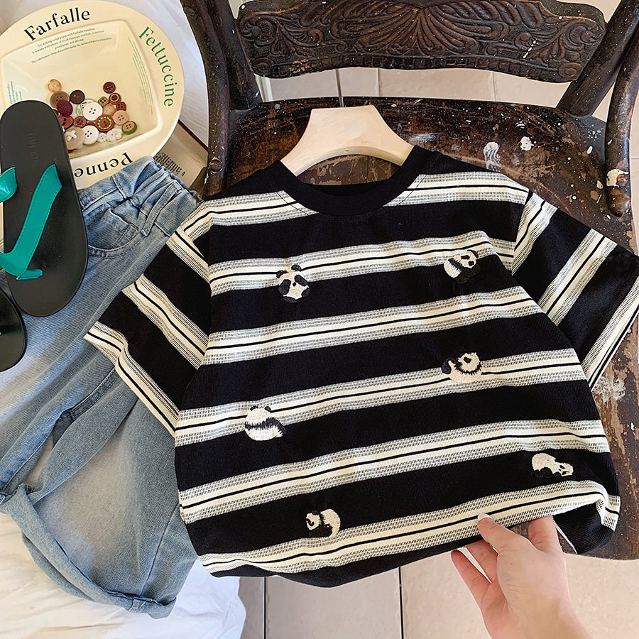 儿童短袖2025夏季新款童装男童韩版条纹卡通刺绣t恤宝宝百搭上衣