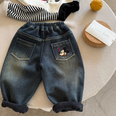 加绒儿童长裤2025冬季新品男女童刺绣加厚牛仔裤宝宝卡通休闲裤
