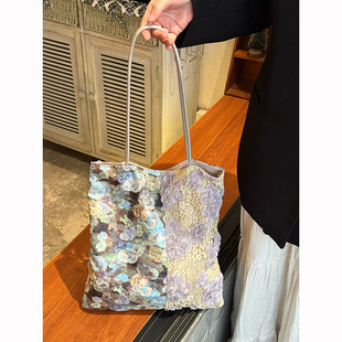 宋茜同款复古油画蕾丝帆布包2025新款大容量单肩托特包通勤腋下包