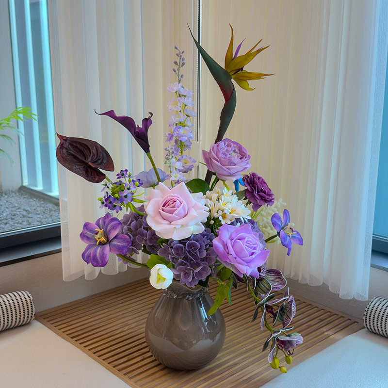 wo+高品质手感保湿花束粉紫色系瓶插花琉璃花朵造型花瓶餐桌摆放
