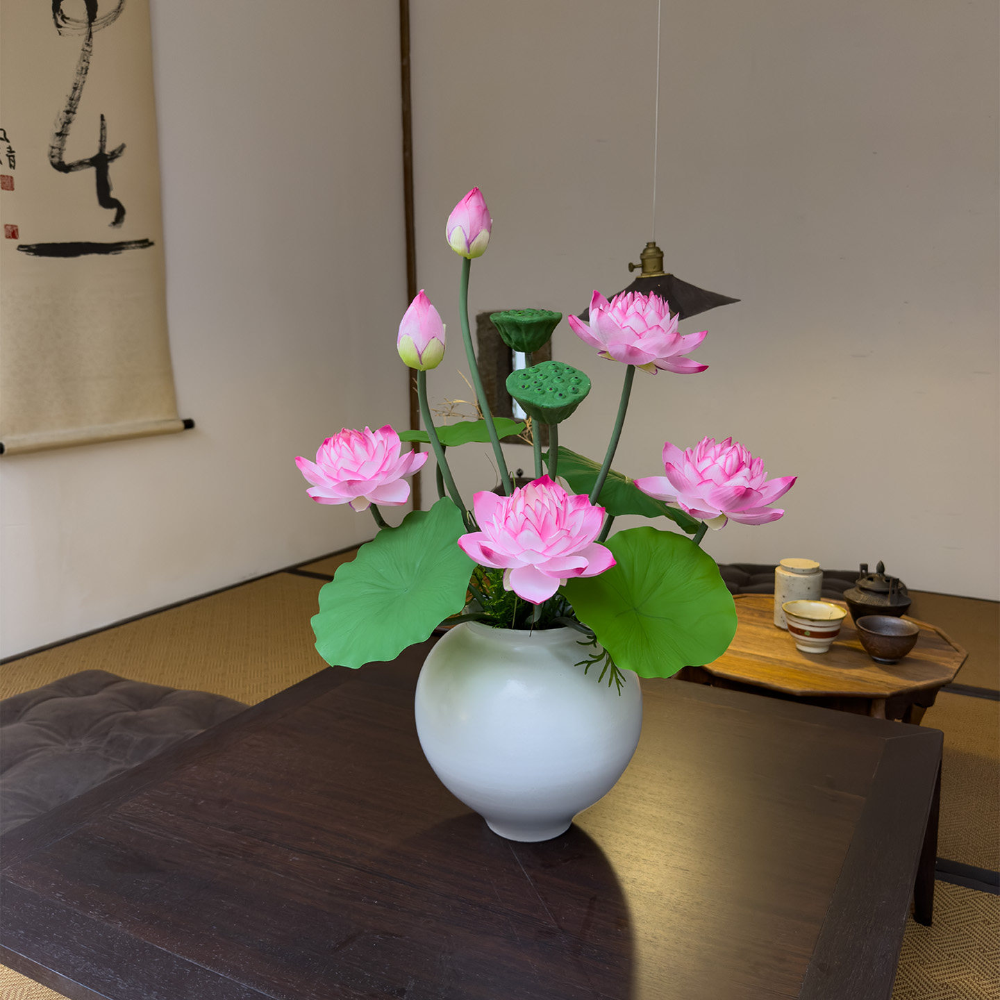 wo+新中式禅意仿真花荷花绢布莲花茶室茶桌客厅玄关佛堂供桌摆放