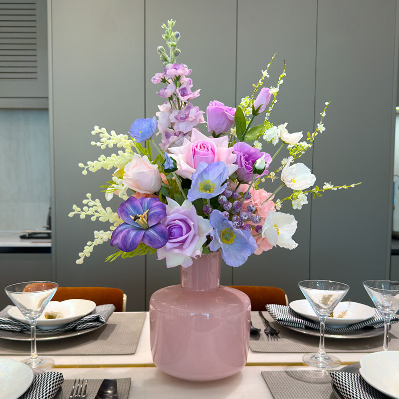 wo+高端设计感手感保湿花束仿真花假花粉色琉璃花瓶套装桌面摆件,家居饰品,仿真花/假花,淘宝优惠券,粉丝福利购,淘宝优惠卷