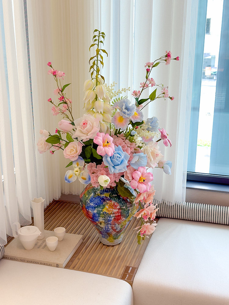wo+高档手感保湿家居摆设粉色系绣球玫瑰郁金香花束陶瓷花瓶插花