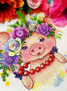 法国DMC十字绣俄套件花环小猪圣诞小件欧式动物精准印花11332