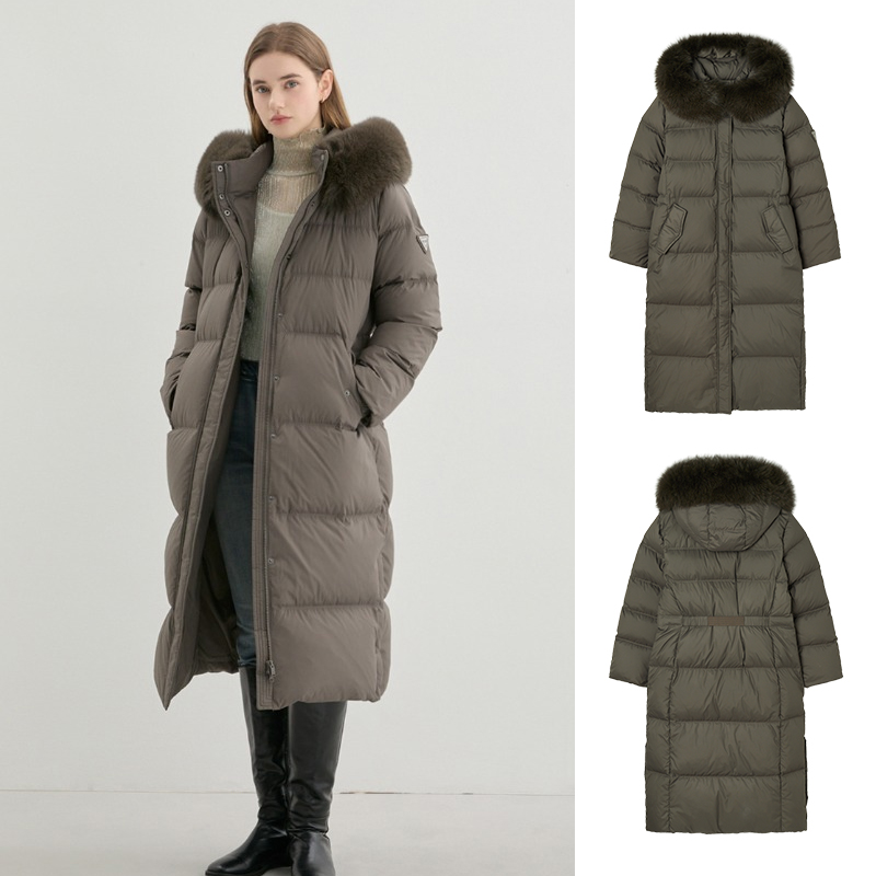 GUESS韩国代购25冬女士新款休闲狐狸毛领长款鸭绒羽绒服外套