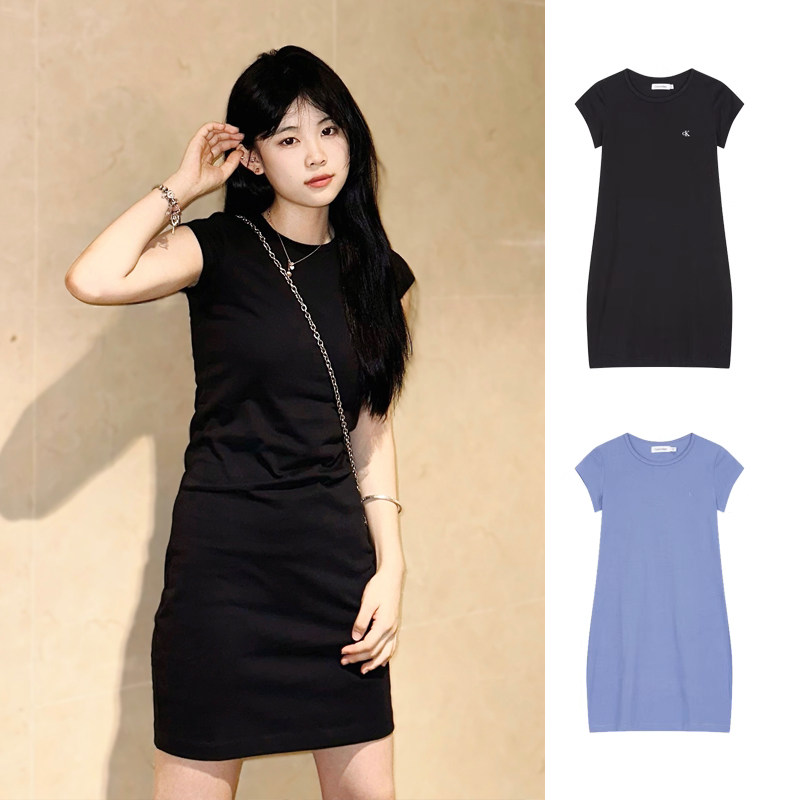 CK女刺绣字母纯棉圆领短袖连衣裙