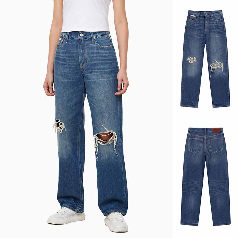 CK纯棉宽松深蓝色破洞牛仔裤