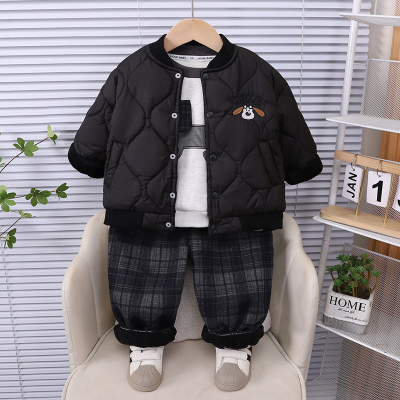 宝宝冬季套装2026新款男童加厚棉服卫衣三件套秋冬加绒夹棉外套潮