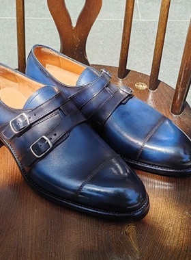 葡萄牙Carlos Santos双扣孟克Bandage海军蓝擦色固特异圆头男皮鞋