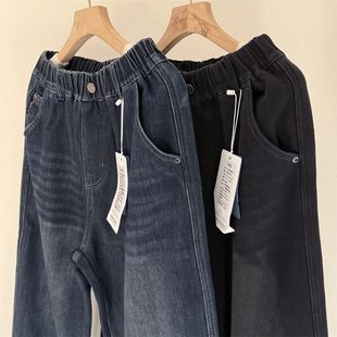 青少年宽松加厚长裤 针织奥利绒 冬季 185中大男童一体绒牛仔裤 165