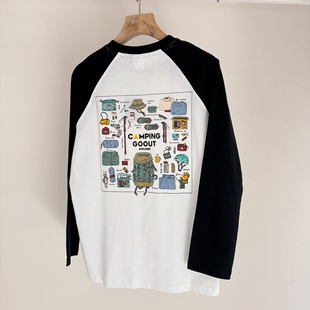 全棉圆领长袖 好货要入 复古运动风中大童插肩袖 美式 T恤 亲子款