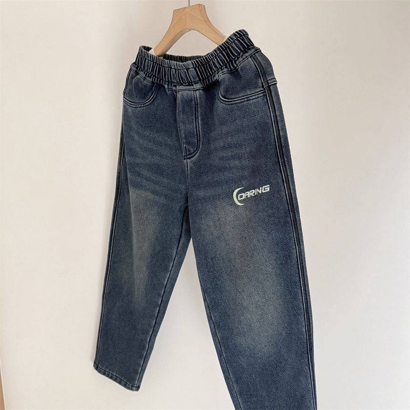 针织奥利绒~150-190中大男童一体绒牛仔裤冬季青少年宽松加厚长裤