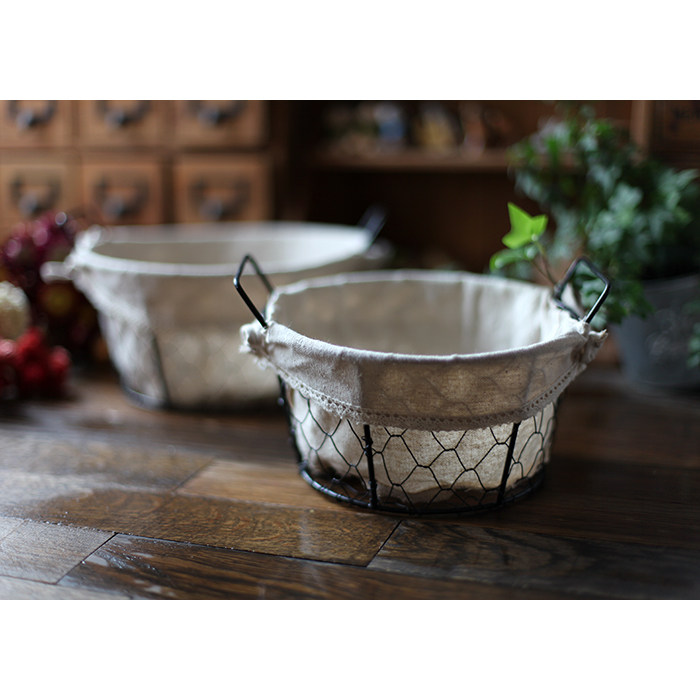 铁艺复古收纳筐 带内衬布 圆形工业风铁篮子 铁丝筐 桌面收纳筐子