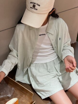 2026夏季女童韩系度假风纯棉薄款衬衫短裤两件套中大童气质套装