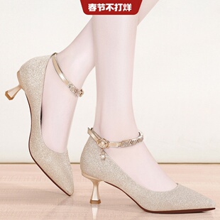 配旗袍的高跟鞋软皮鞋子百搭中跟春秋款浅口单鞋女夏细跟尖头5cm