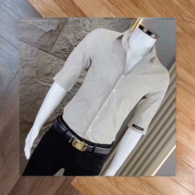 新款潮男时尚中袖条纹修身韩版衬衫休闲帅气小伙条纹百搭衬衣男士