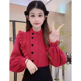 复古法式斜襟花边设计立领衬衫新款耳边秋冬精致长袖加厚衬衣上衣