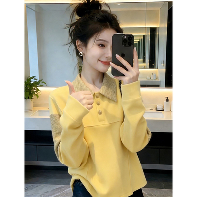 黄色拼接翻领套头宽松无帽卫衣女2026春季慵懒小个子超火减龄上衣