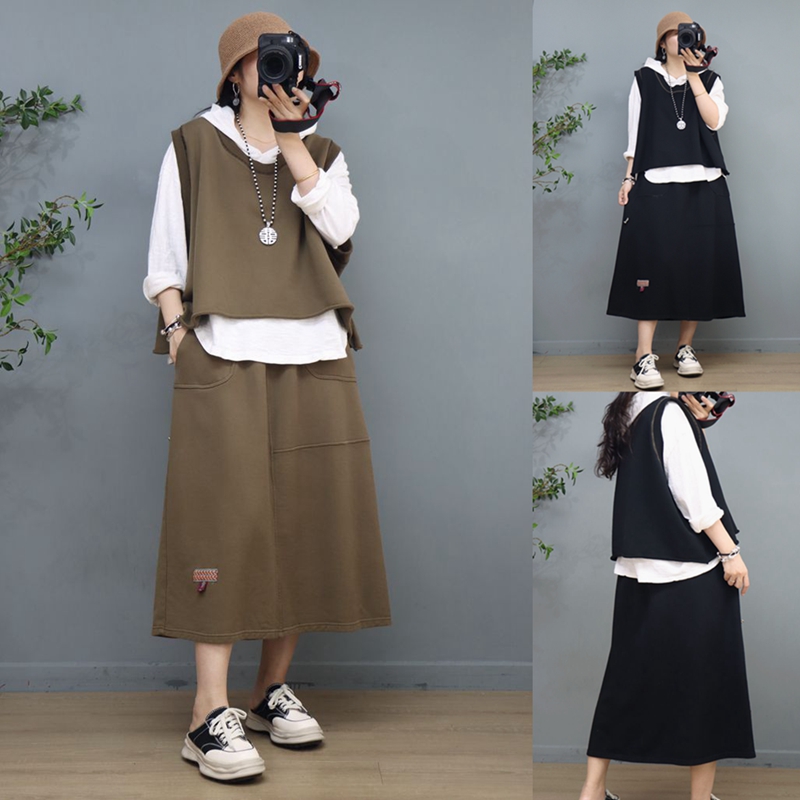 韩版时尚卫衣马夹半身裙两件套女 春季新款宽松减龄洋气休闲套装