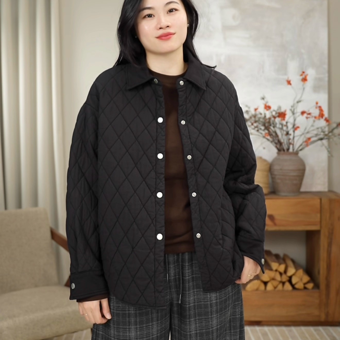 翻领菱格冬季复古棉羊毛时尚外套33050