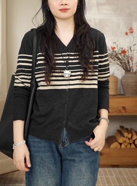 秋季新款韩版V领撞色条纹减龄针织开衫 9961