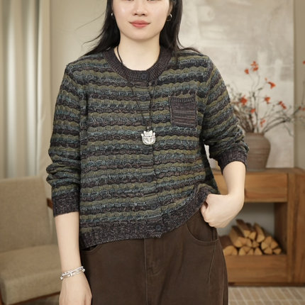 厚款拼色宽松条纹色织韩版针织开衫 2459