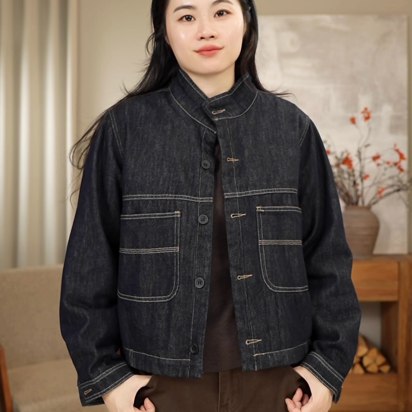 E冬季复古夹棉设计感明线立领牛仔夹克外套小棉服 072