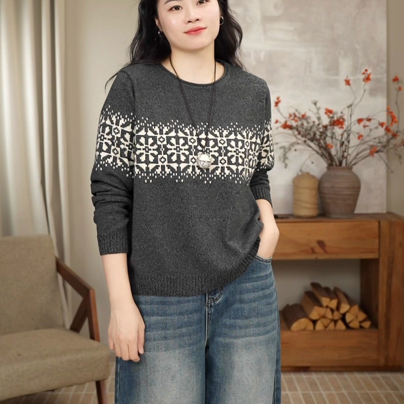 秋冬圆领时尚慵懒风提花费尔岛套头针织衫 0866,女装/女士精品,毛针织衫,淘宝优惠券,粉丝福利购,淘宝优惠卷