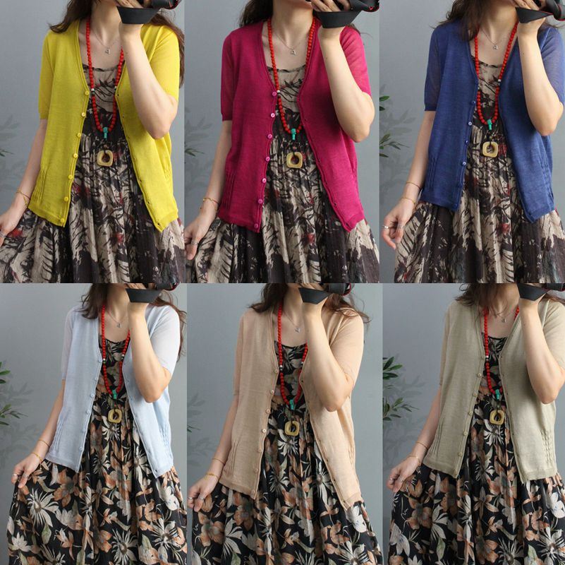 针织小外套纯色单排扣V领开衫