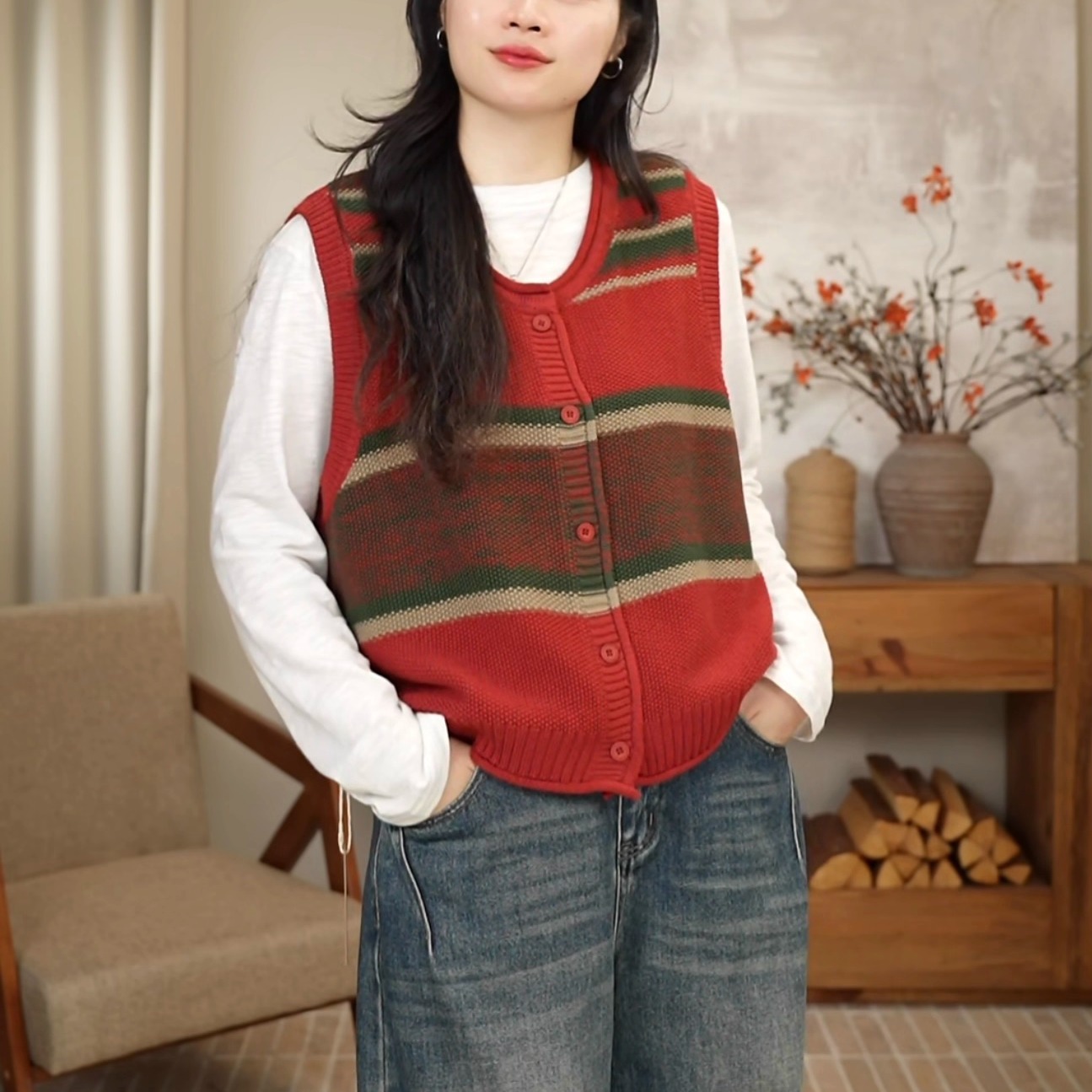 复古撞色拼接圆领针织马甲背心上衣女 2781