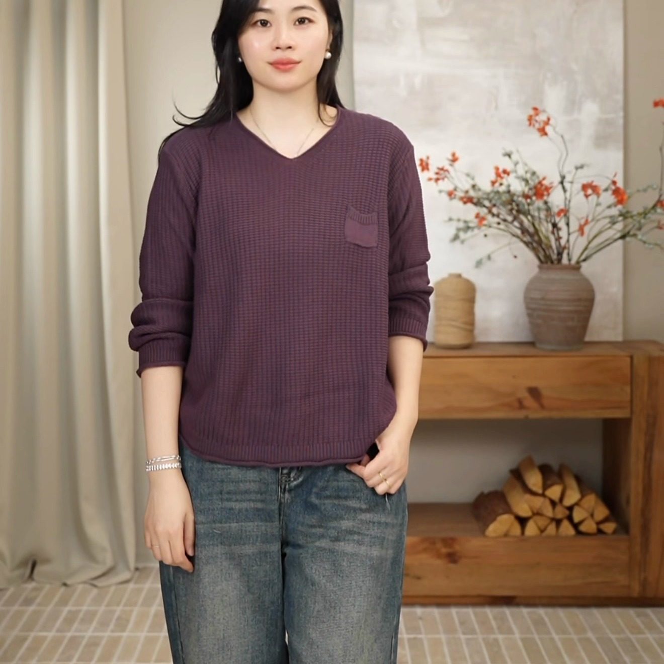 2025秋冬新款V领套头长袖针织衫宽松小口袋纯色上衣 2748,女装/女士精品,毛针织衫,淘宝优惠券,粉丝福利购,淘宝优惠卷