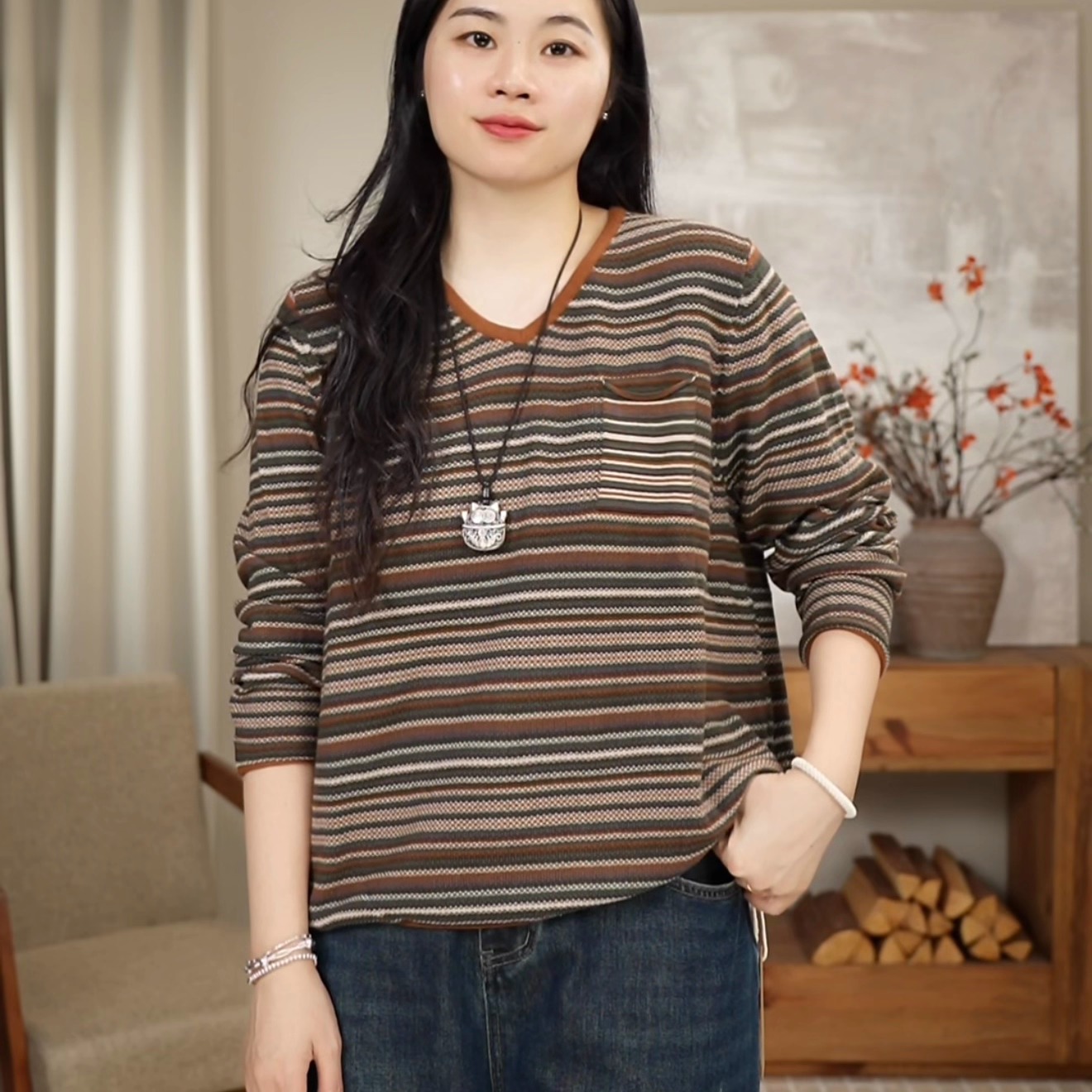 秋冬V领领彩色条纹针织套头衫设计感休闲上衣 0839