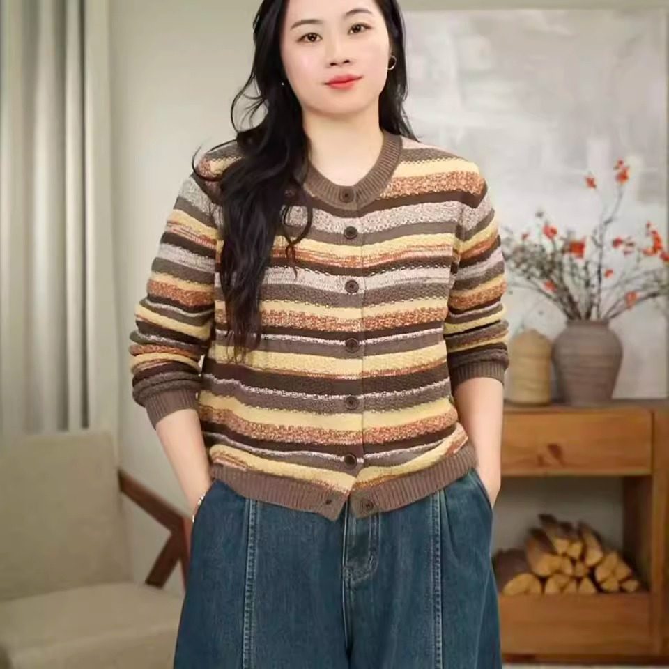 秋冬厚款针织彩条撞色复古宽松时尚条纹开衫女 2785,女装/女士精品,毛针织衫,淘宝优惠券,粉丝福利购,淘宝优惠卷