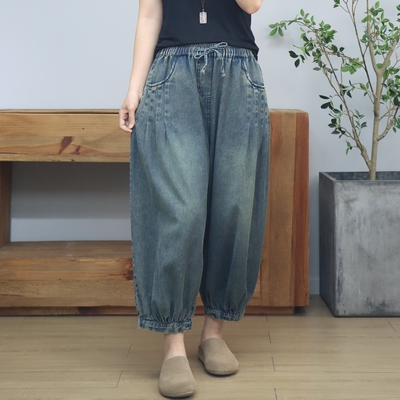 复古做旧水洗捏褶牛仔灯笼裤女