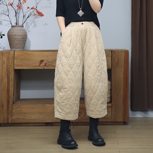 灯芯绒衍缝格子休闲棉裤女冬季双层夹棉加厚保暖宽松七分阔腿靴裤