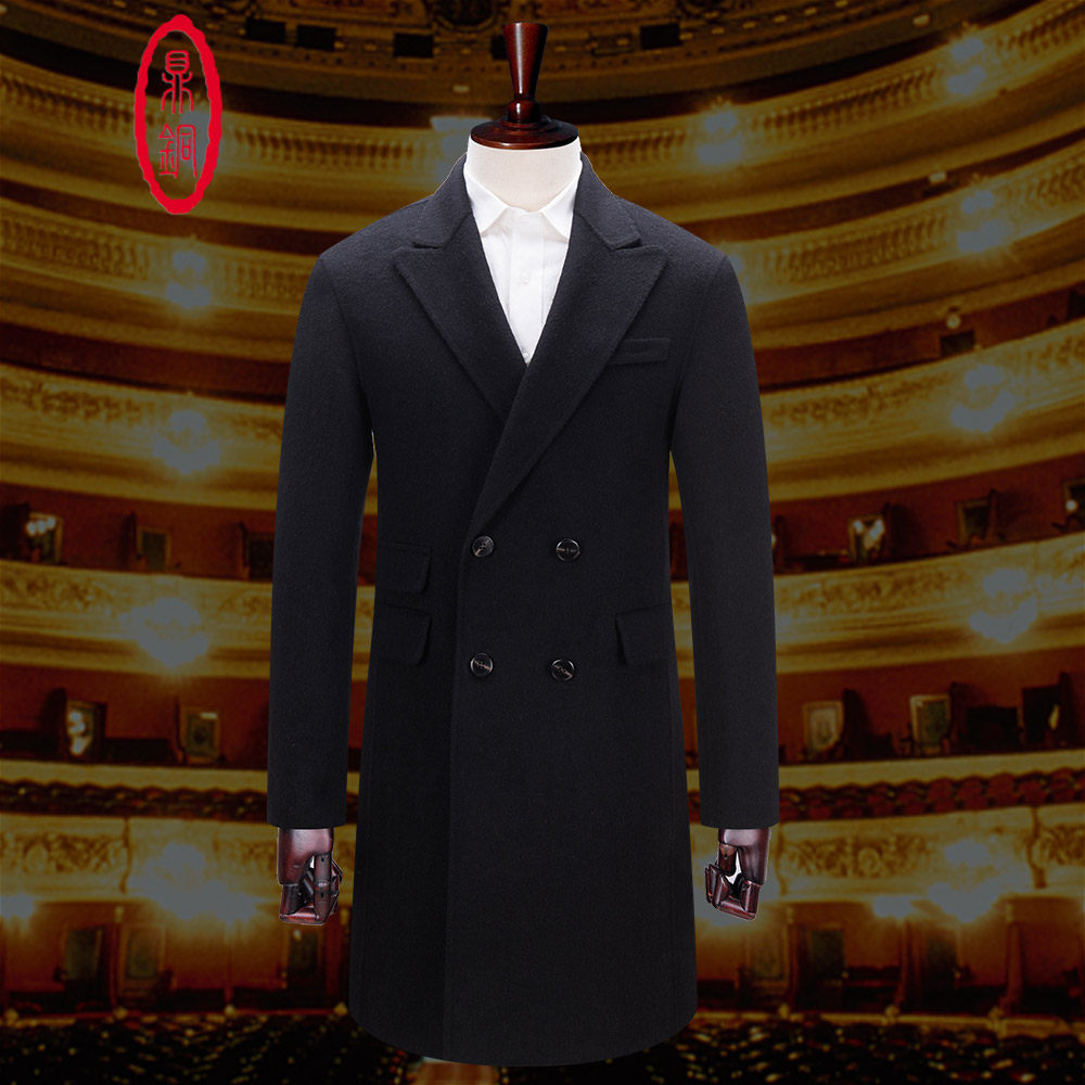 鼎铜双面呢羊毛大衣男中年商务休闲秋冬季西装领加绒加厚毛呢外套