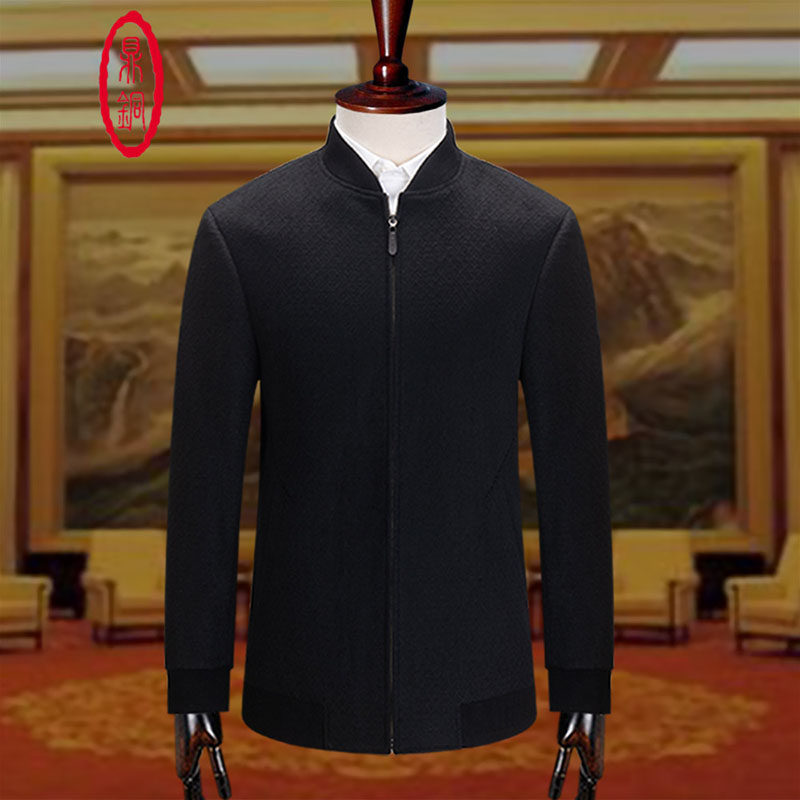 鼎铜棒球领毛呢夹克男加绒加厚秋冬商务休闲立领中年轻奢羊毛外套