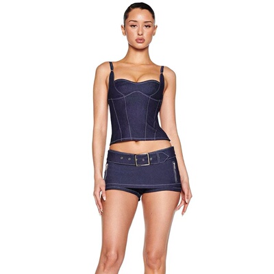 塔米家 澳GI@个性牛仔背心上衣低腰短裙裤套装 外G3-5 6F