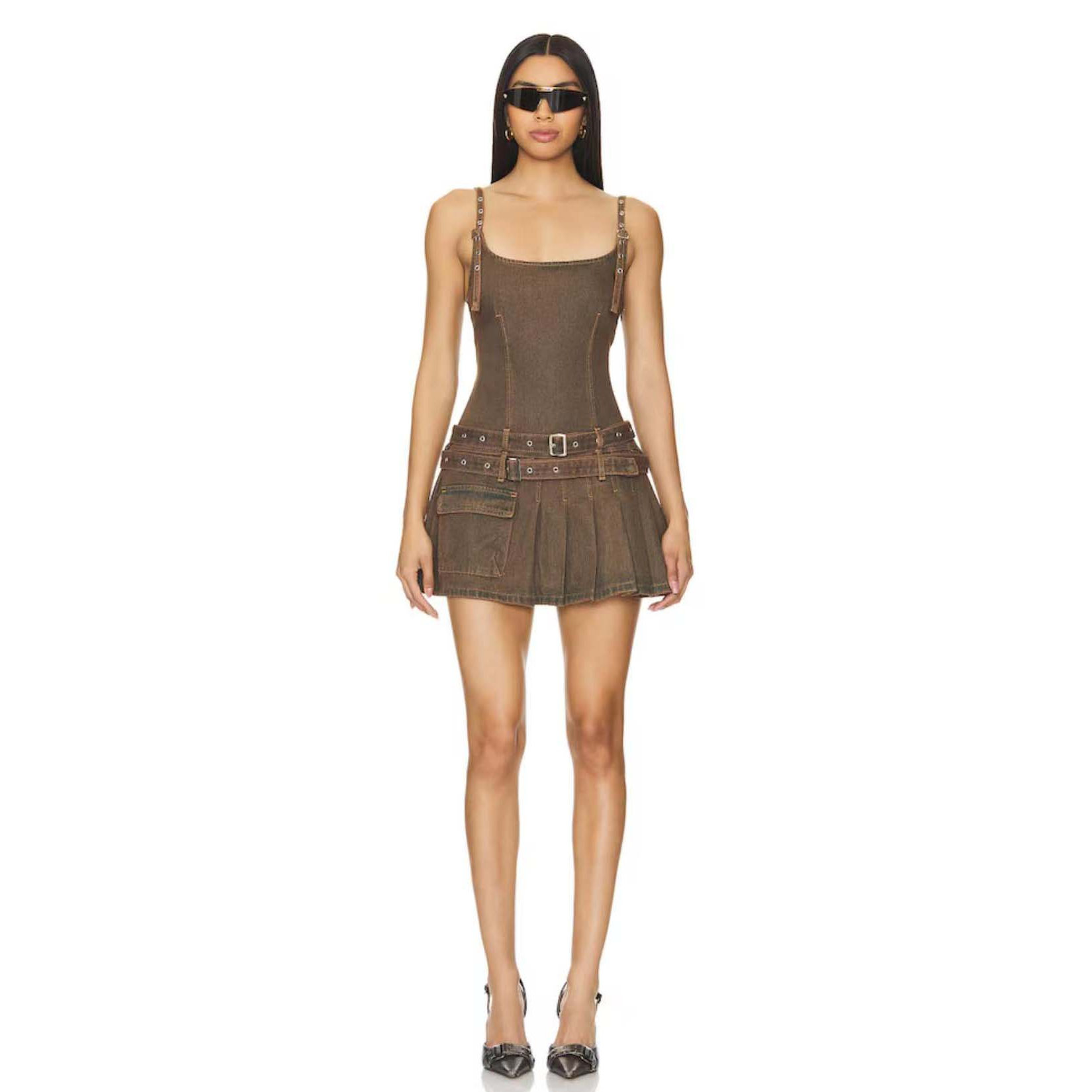 塔米家 澳母狮子L*on*ss水洗牛仔造旧腰带百褶连衣裙