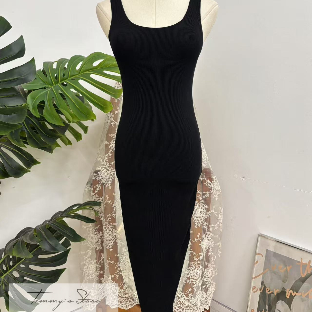 塔米家 W-F简约纯色针织紧身背心连身裙