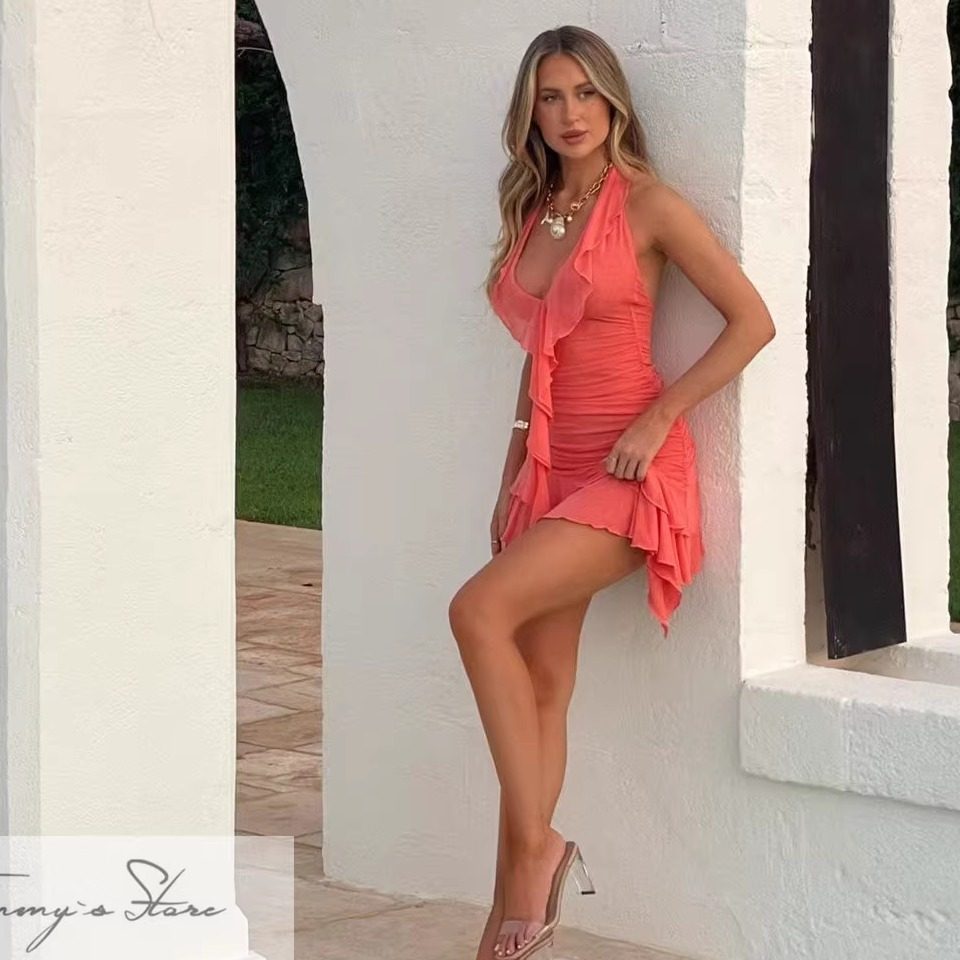 塔米家 澳单_O*tC*st性感V领网纱挂脖连身短裙 E4-1