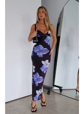 塔米家 W-F网纱紫色大花后开叉修身吊带连衣长裙 F2-1