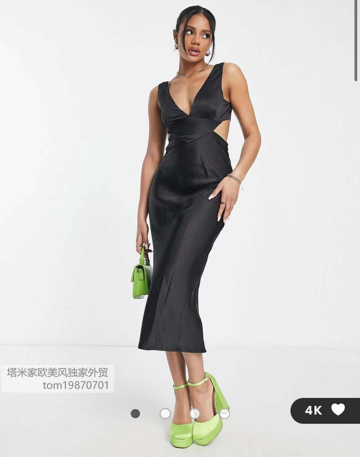 塔米家 英单P*rallelL色丁露腰V领连衣长裙 F4-1