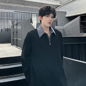 假两件拼接衬衫领小众韩系学院风上衣潮男polo衫长袖CD2261P55,女童风衣里面搭配的白色衬衫图片