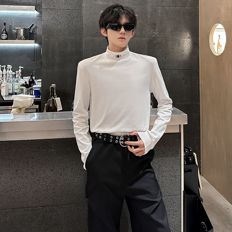 垫肩设计小众半高领打底衫男高级感内搭黑色潮长袖T恤2272P48，男装T恤，电商A070