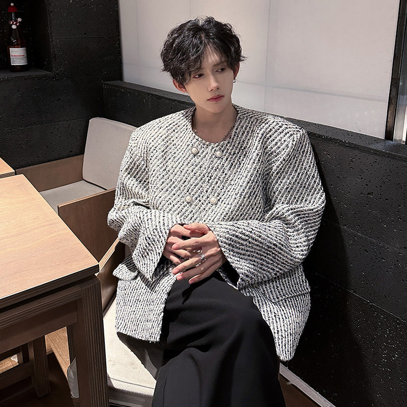 垫肩高级感小香风双排扣西服外套斜纹轻奢短款男夹克 JK371 P128图片