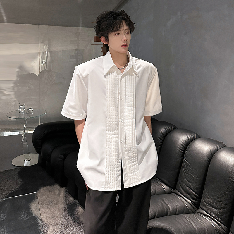 垫肩小众设计感短袖衬衣高级感立体廓形痞帅韩版男衬衫CS933P58，男装T恤，电商A070